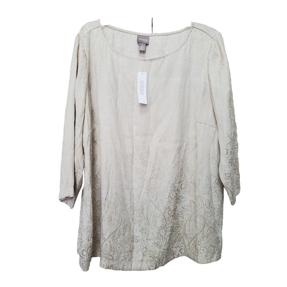 Chico's Gold Metallic Jacquard 3/4-Sleeve Pullover Boat Neck Blouse Sz 3 XL NWT